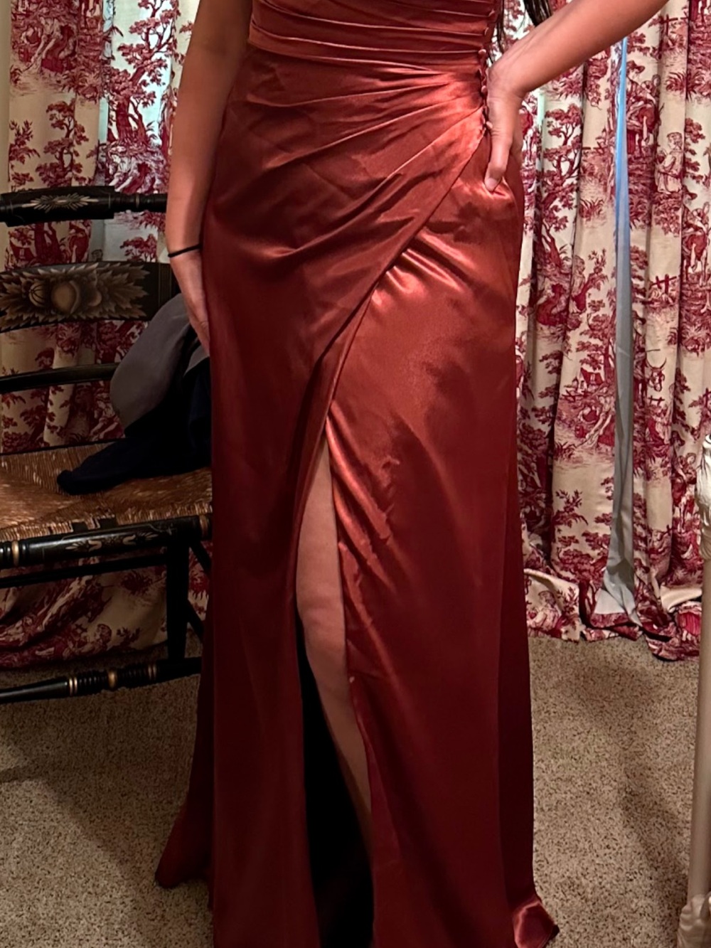David's Bridal One-Shoulder Satin Gown in Cinnamon